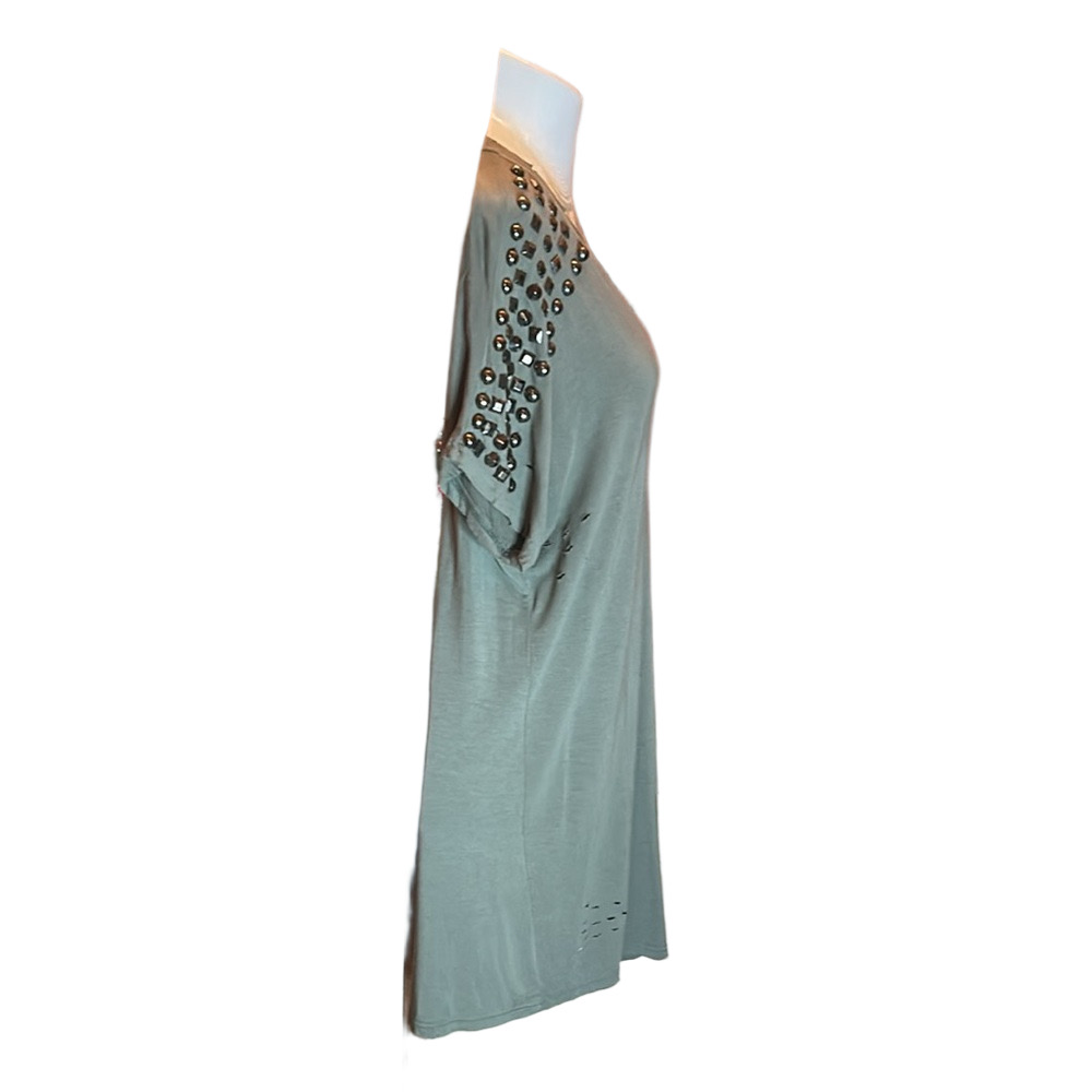 ANTHROPOLOGIE’S “POL” Army Green Distressed Tee Dress w/ Stud Decor Size M - Picture 7 of 13